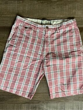 Replay Men's Red Plaid Chino Flat Front Shorts Light Cotton Size 33